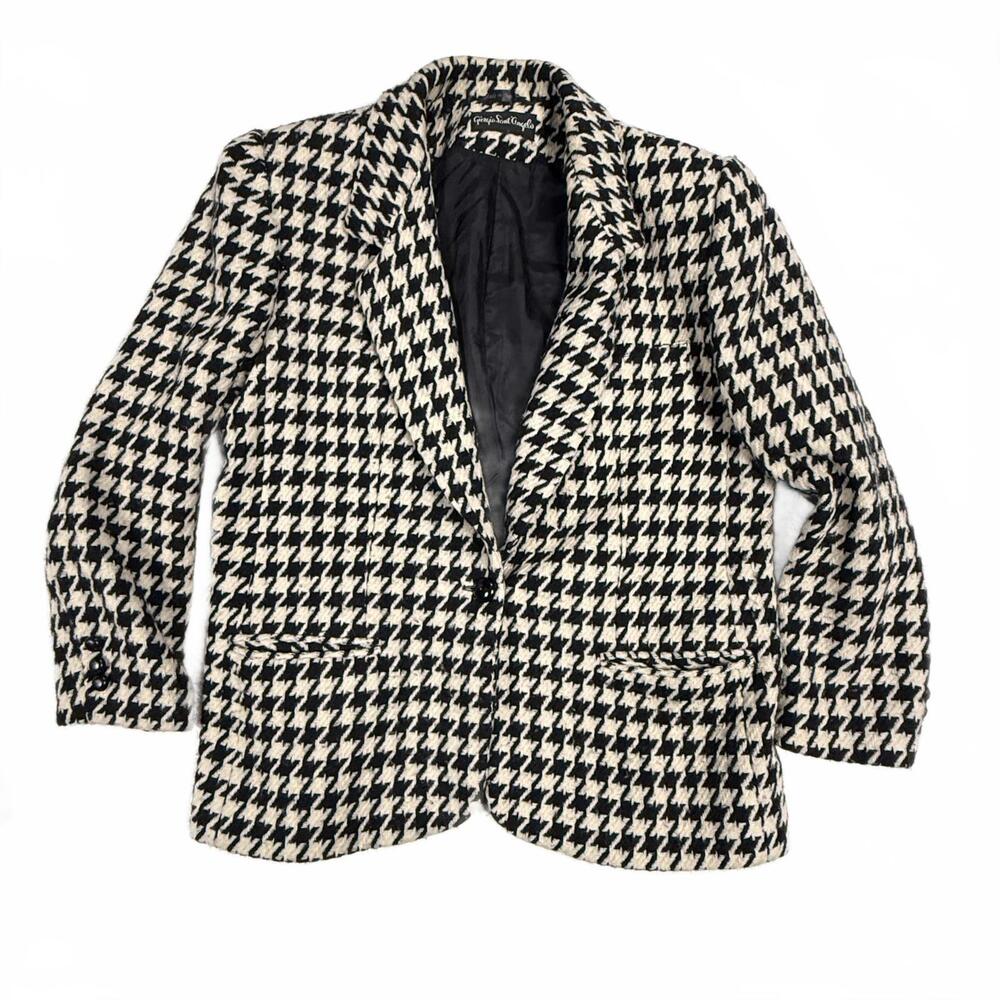 Women's Structured Vintage 100% wool black‎ & white houndstooth blazer sz 12